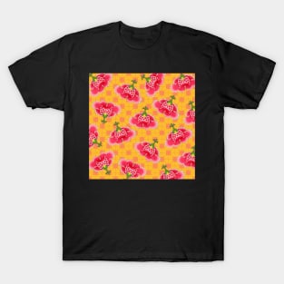 Chinese Vintage Pink and Red Flowers with Yellow and Orange Tile - Hong Kong Traditional Floral Pattern T-Shirt